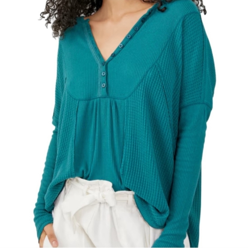 Free People Teal Green Leo Henley Oversized Slouchy Thermal Waffle Top Size M